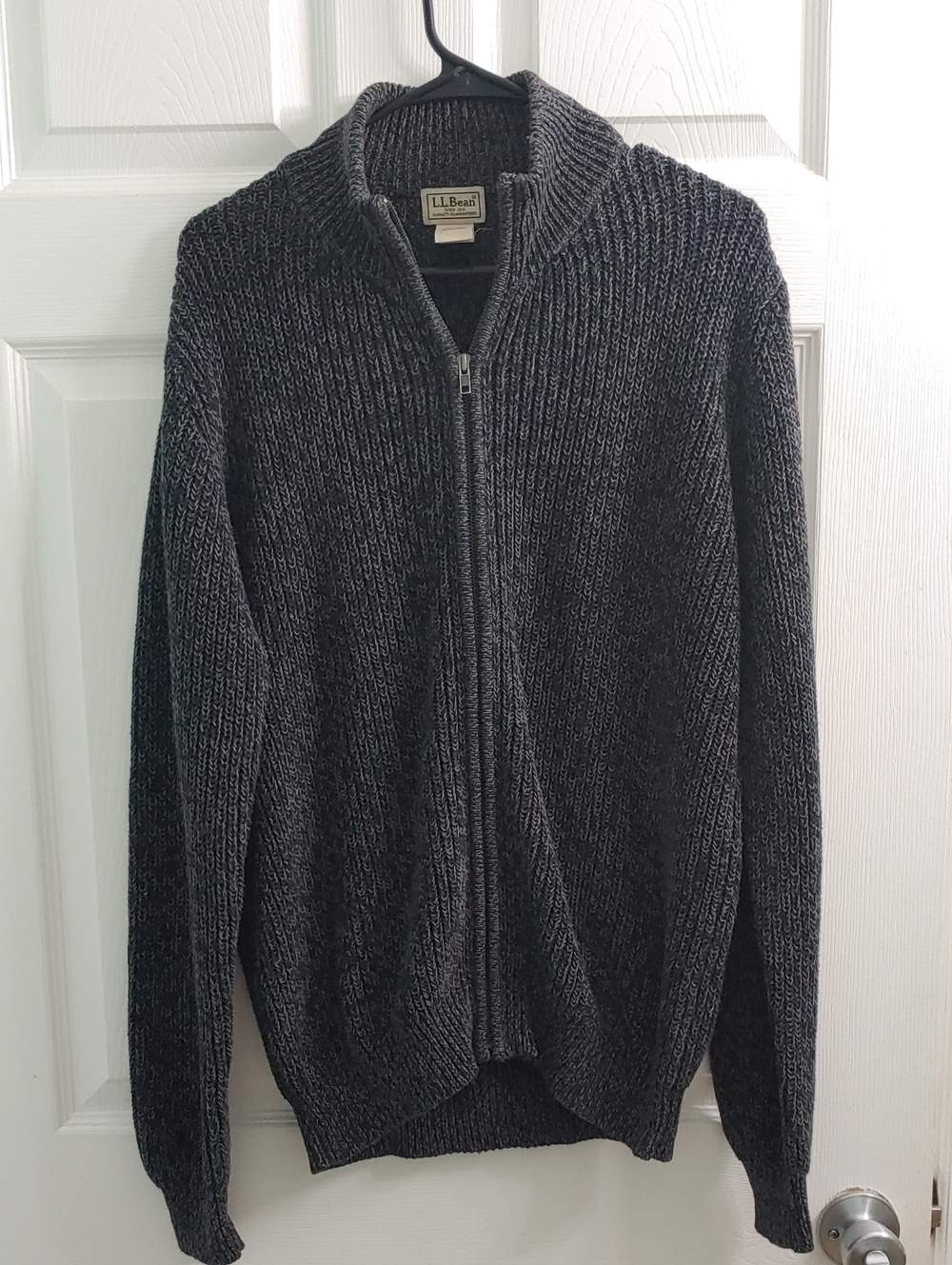 Vintage L.L. Bean Knit Mens Marled Grey and Black Full Zip Cotton Sweater Size M